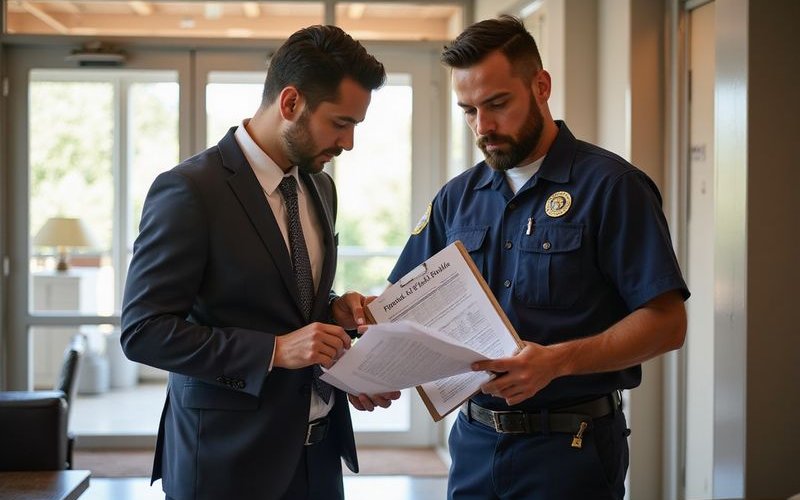 Business owner planning commercial cleanout timeline with junk removal team at office