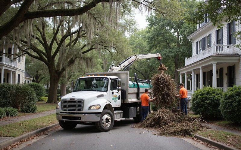 City of Savannah curbside yard waste collection truck picking up bundled branches