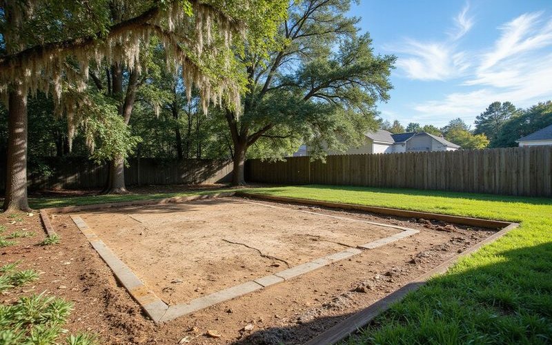 Clean open backyard area after a shed demolition with raked ground and no debris remaining on a sunny Savannah Georgia afternoon