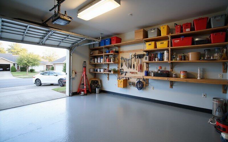 Clean organized garage with wall shelving and clear floor space after cleanout
