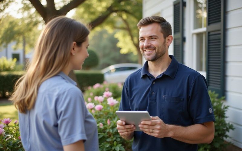 Crew member giving upfront quote to Savannah homeowner before loading junk