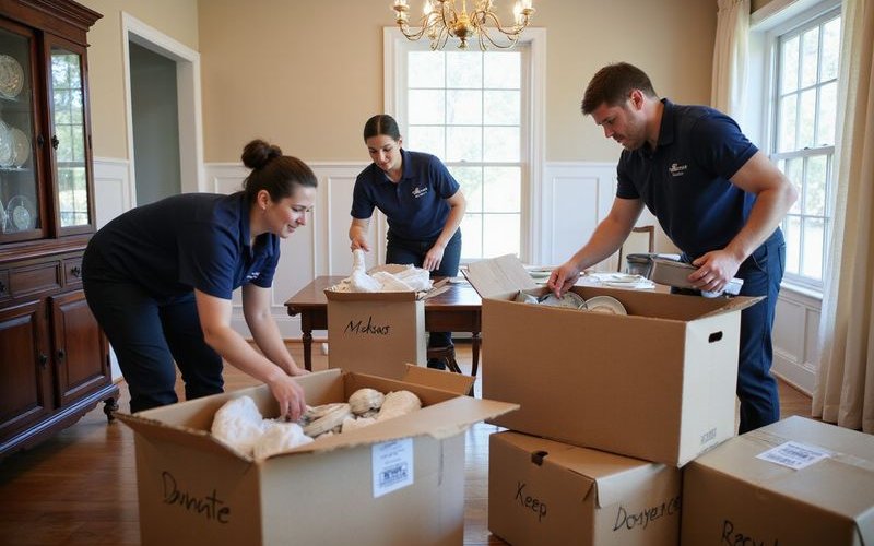 Estate cleanout crew carefully sorting household items in a Savannah home with boxes labeled for donation keeping and recycling