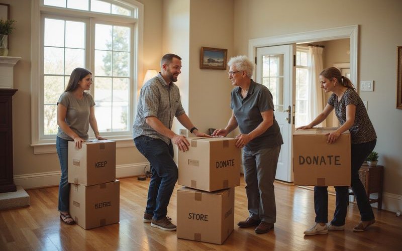 Family members helping senior parent pack labeled boxes in living room during downsizing