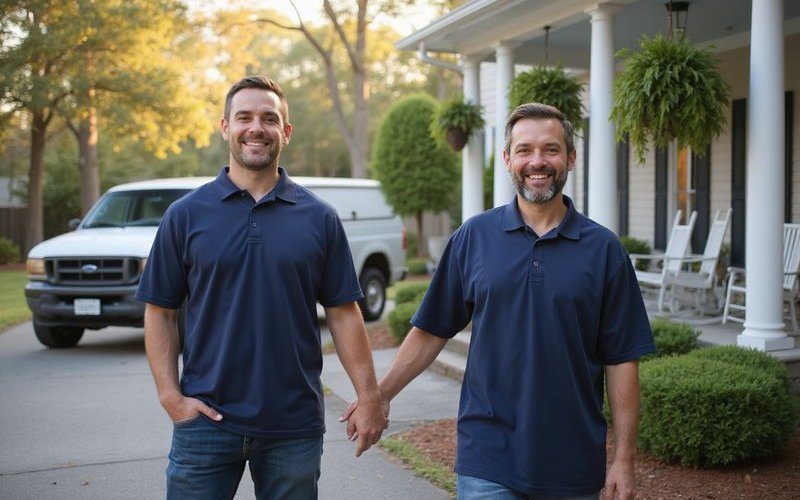 Friendly crew arriving at front door with truck ready for junk removal service