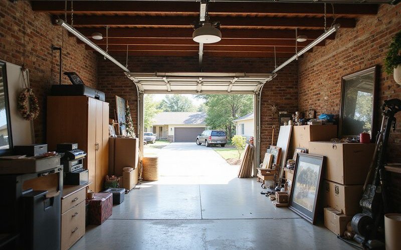 Garage packed floor to ceiling with old furniture, boxes, and unused household items
