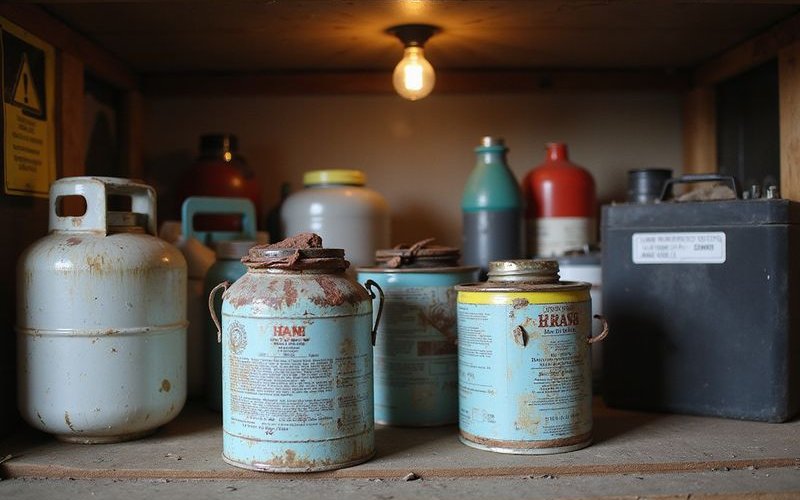 Hazardous materials warning signs with paint cans, chemicals, and batteries not accepted