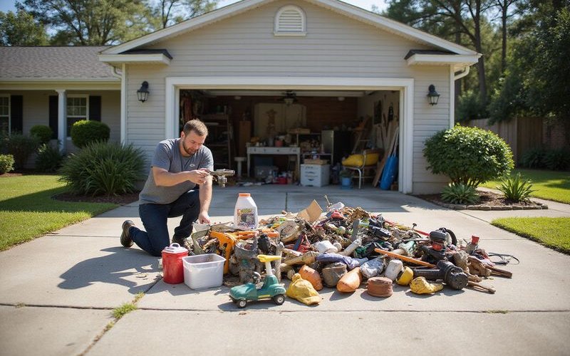 Homeowner sorting garage items into keep, donate, and trash piles on driveway