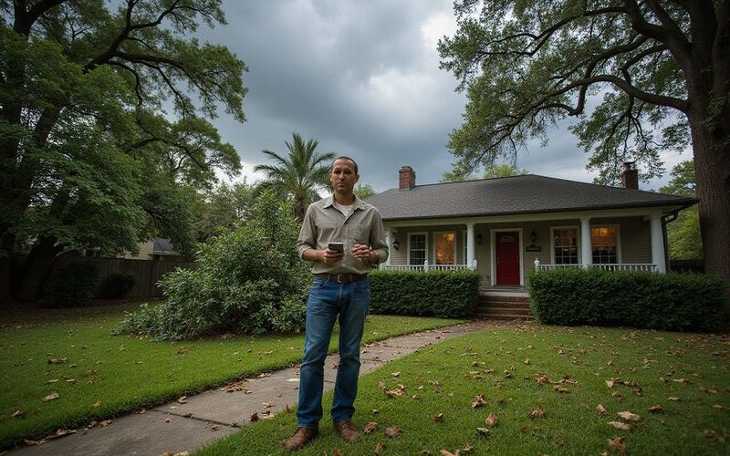 Homeowner surveying yard damage after tropical storm with fallen branches and debris