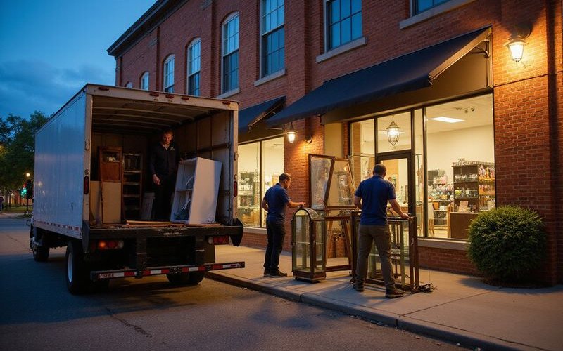 Junk removal crew loading old retail fixtures and shelving onto a truck outside a Savannah commercial building during an after hours cleanout
