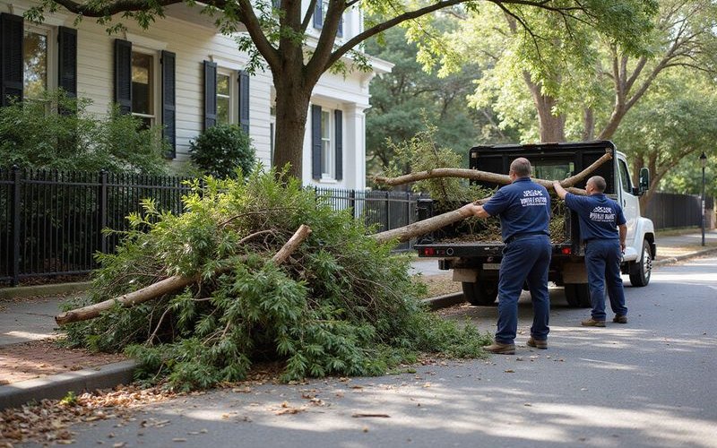 Large pile of tree branches brush and yard debris at the curb of a Savannah property with workers loading it into a junk removal truck