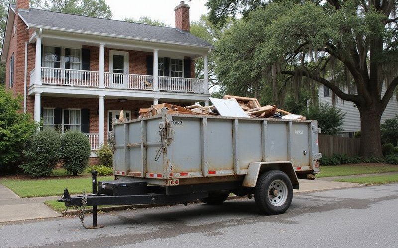 Metal dumpster sitting in a Savannah residential driveway with mixed debris inside