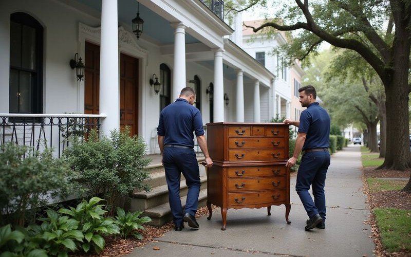 Professional crew carefully removing large furniture from historic Savannah estate