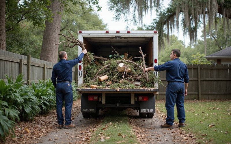 Professional crew loading large tree debris and brush into removal truck