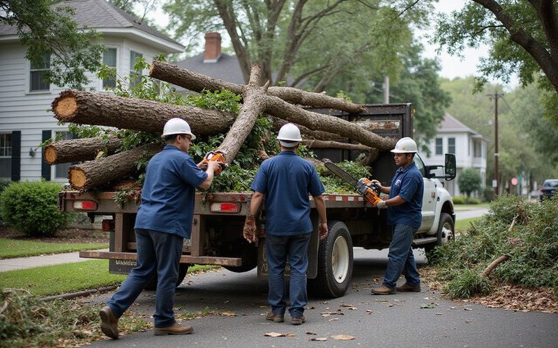 Professional crew loading storm damaged tree limbs into truck after coastal storm