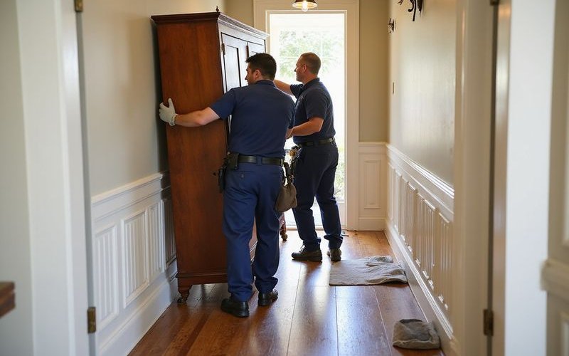 Professional junk removal team carefully carrying old furniture through a Savannah home doorway while protecting hardwood floors and trim