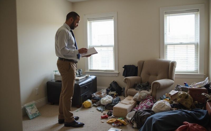 Property manager inspecting rental unit with abandoned items left by previous tenant