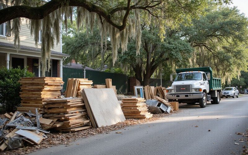 Sorted piles of wood, drywall, and metal scrap ready for recycling at job site