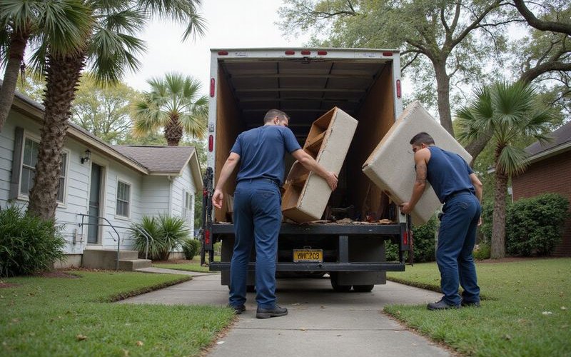Two workers loading old furniture and debris into a junk removal truck at home