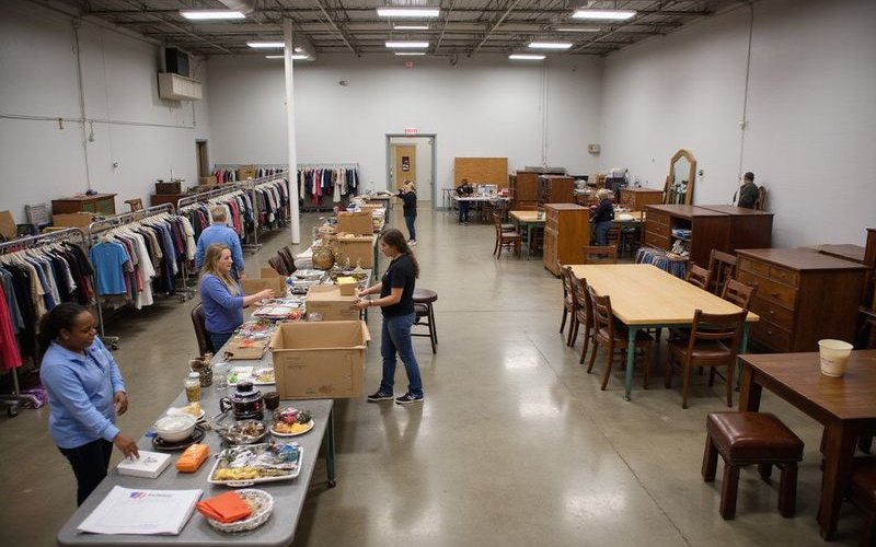 Volunteers sorting donated clothing, furniture, and goods at Savannah area charity