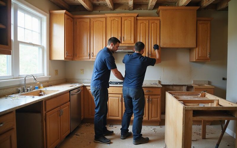 Workers removing old kitchen cabinets and countertops during Savannah home remodel