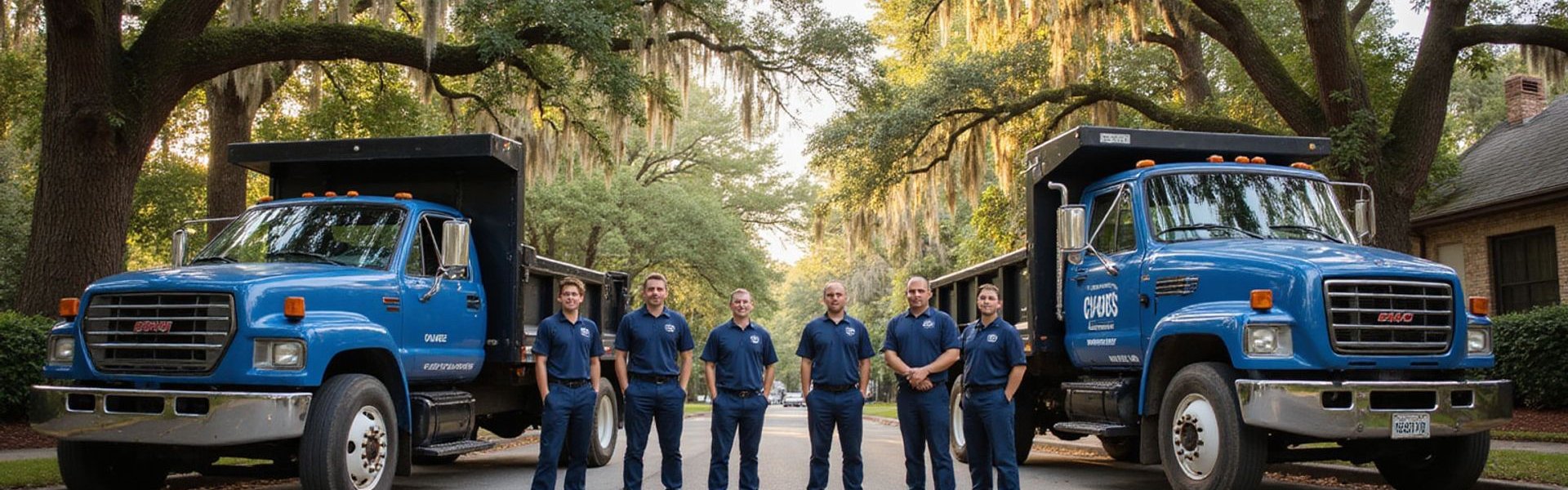 Coastal Junk Pros team standing beside branded trucks on Ogeechee Road, Savannah GA