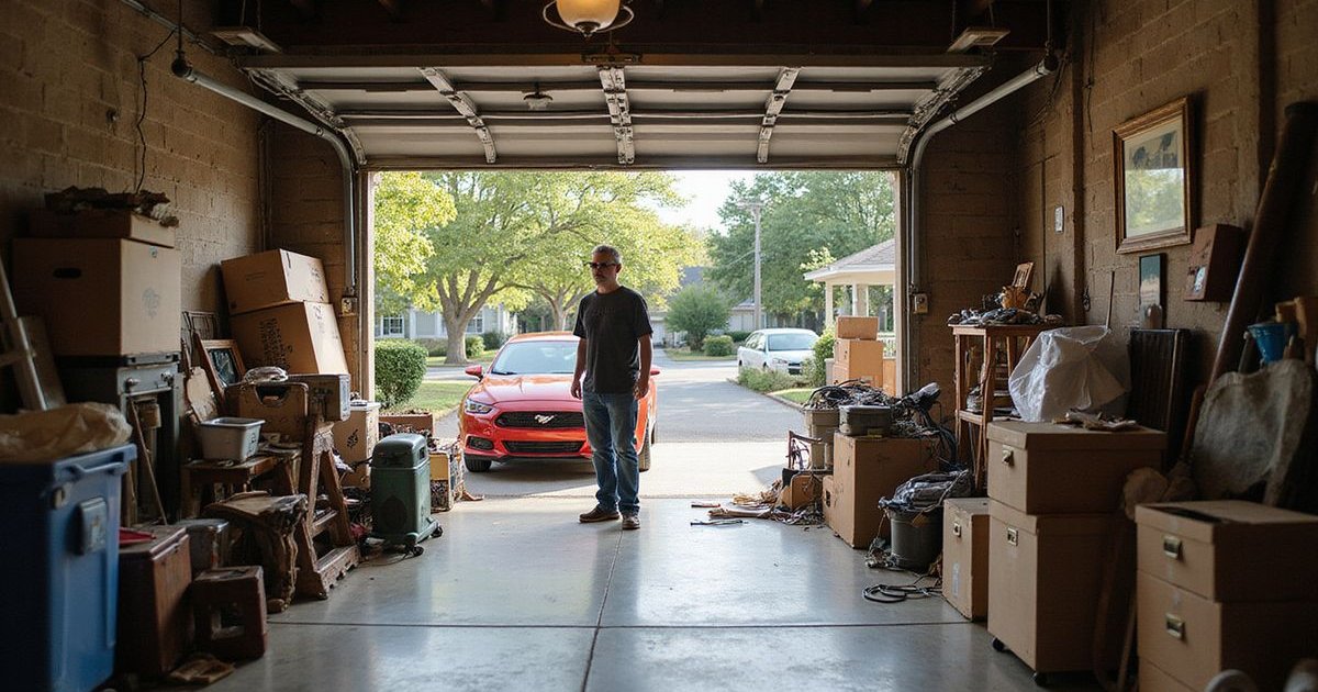Savannah homeowner sorting through cluttered garage with boxes, tools, and household items during a garage cleanout