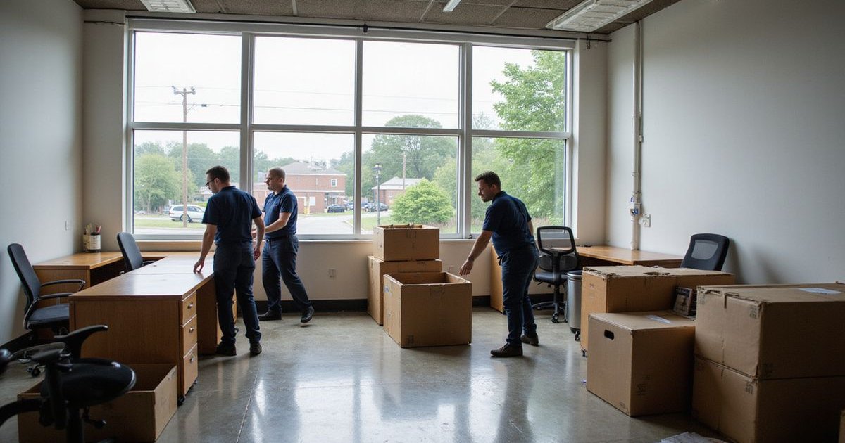 Professional junk removal crew efficiently clearing old office furniture and equipment from a Savannah commercial space