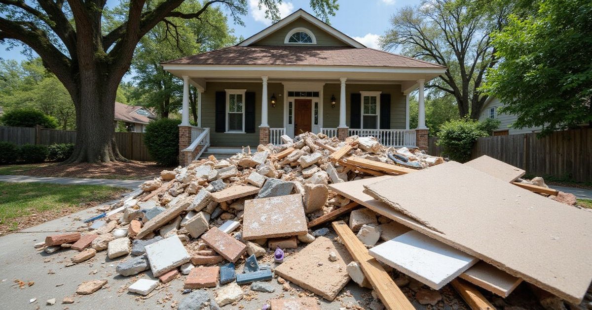 Pile of construction debris including drywall, lumber, tiles, and old fixtures outside a Savannah home being renovated