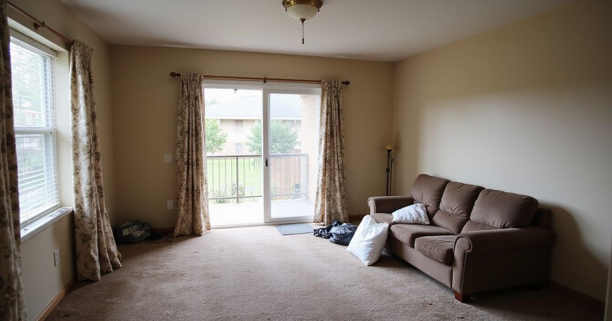 Savannah rental apartment with abandoned furniture, boxes, and trash left behind after a tenant move-out requiring cleanout