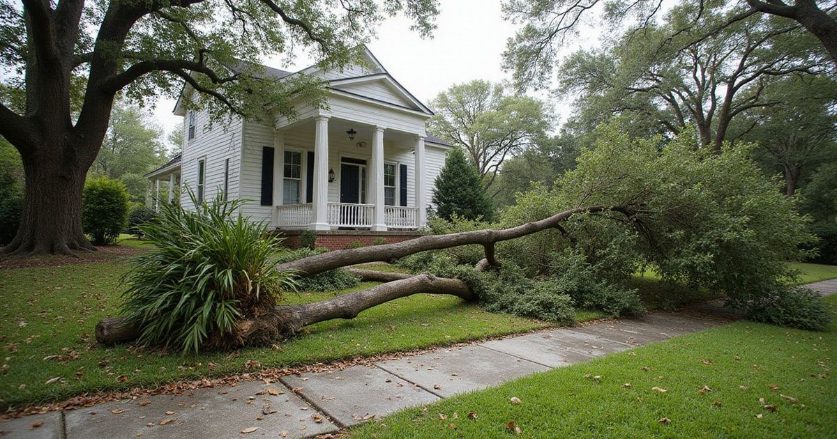 Storm debris including fallen tree branches, scattered leaves, and damaged yard items across a residential property in Savannah Georgia