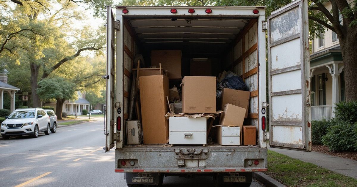 Coastal Junk Pros truck showing volume-based pricing zones for minimum, quarter, half, and full load junk removal in Savannah