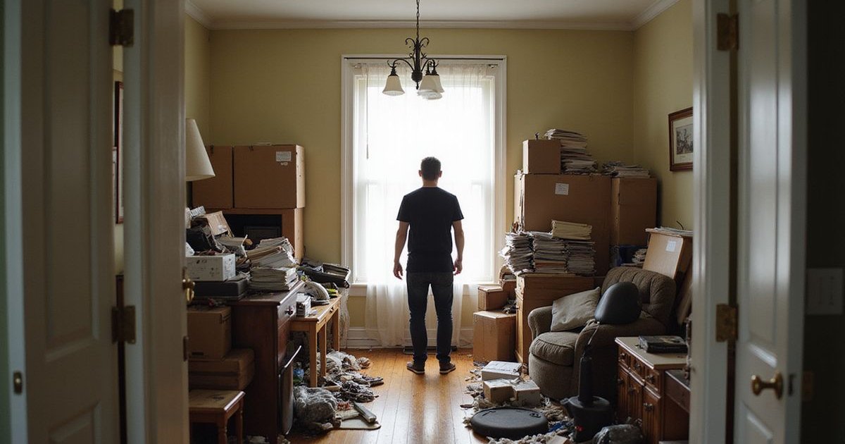 Homeowner standing in a cluttered room full of furniture, boxes, and household items that need professional junk removal