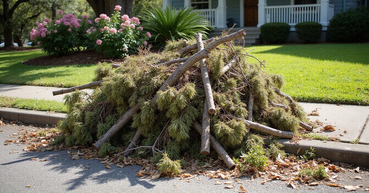 Large pile of branches, leaves, and yard debris collected for disposal in a Savannah residential yard