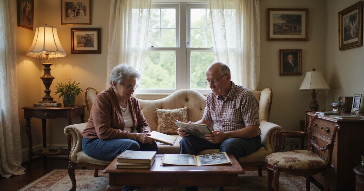 Senior couple in Savannah sorting through household belongings and family keepsakes while preparing to downsize their home