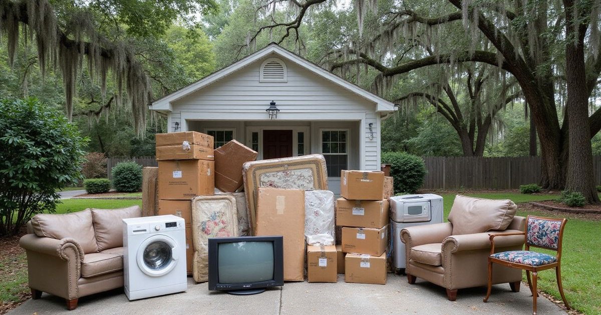 Assortment of household items including furniture, appliances, and electronics staged for junk removal pickup in Savannah GA
